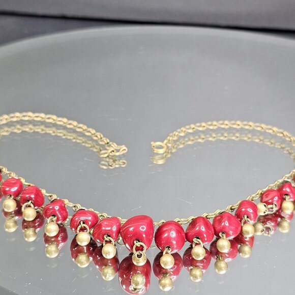 Vintage Dangle Bib 16" Necklace Gold Tone Red Maroon Beaded Choker Adjustable - Picture 9 of 9